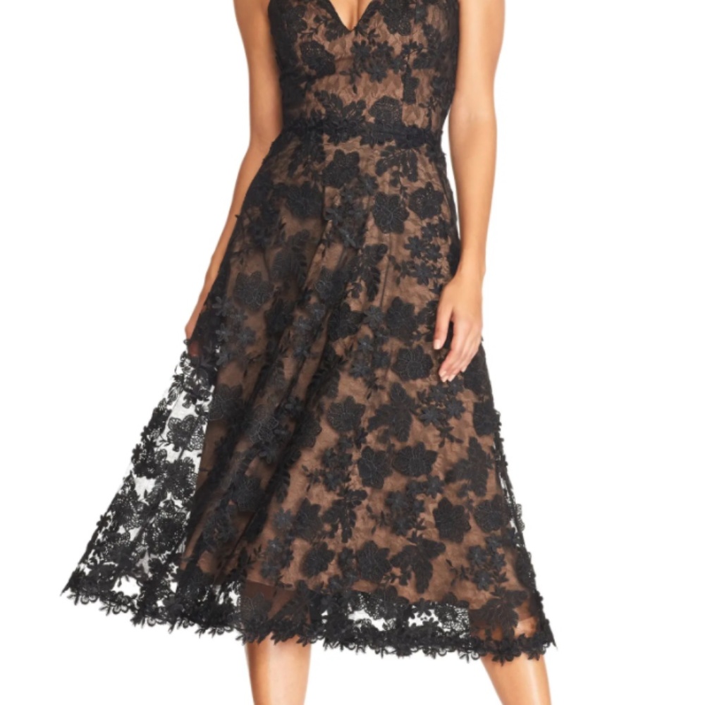 Dress the Population Tahani Embroidered Lace Dress, Black and Nude. XXS
